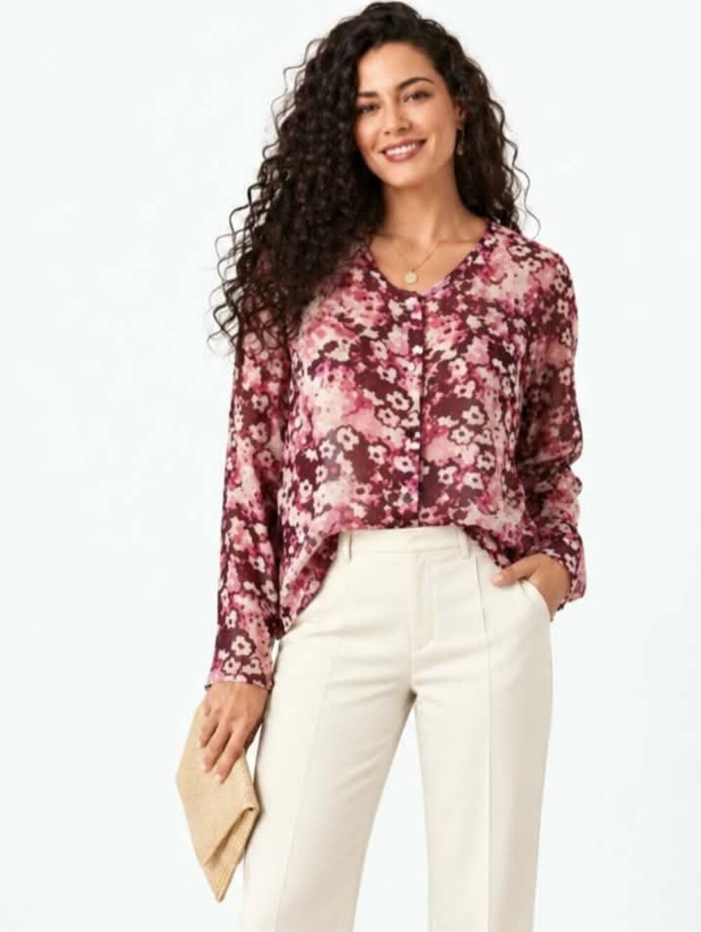 Liz Claiborne Pink Floral Sheer Blouse Romantic Feminine Long Sleeve Large